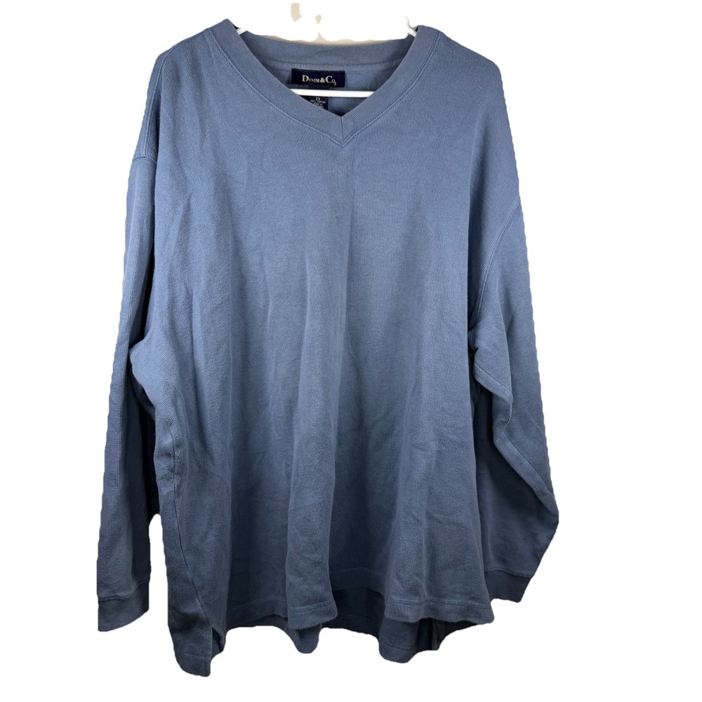 Denim & Co Size 2X Light Blue Ribbed Knit Pullover Sweater V Neck Comfy